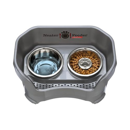 Neater Feeder Deluxe Mess Proof Dog Bowls Elevated for Medium Sized Breeds – Made in USA – No Spill Raised Slow Feeder Elevated Dog Bowl Stand, Stainless Steel Food and Water Bowl Set, Grey - color: Gunmetal Grey, size: Medium with Slow Feed Bowl