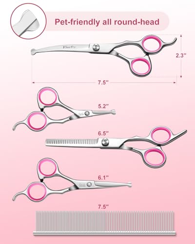 Furry Professional Pet Grooming Scissors with Safety Round Heads - 6 in 1 Curved Scissors for Dogs and Cats - color: Pink