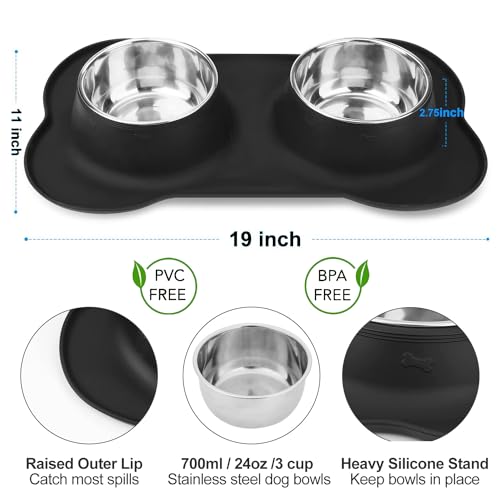 AsFrost Dog Food Bowls Stainless Steel Pet Bowls & Dog Water Bowls No Spill Non Skid, Feeding Bowls with Dog Bowls Silicone Mat for Small Medium Large Size Dogs, Cat Pet Dog Dishes Set, Black, 3 Cup - color: Black, size: 3 Cup/27 oz each