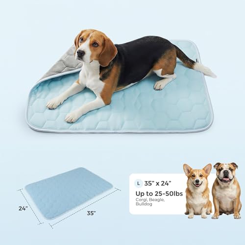 Sytopia 35" x 24" Dog Cooling Mat for Large Dogs, Q-Max>0.5 All Season Thin Breathable Crate Pad Indoor for Pet, Portable Washable & Non-Toxic Kennel Mat for Summer Active Dog, Light Blue - size: Large
