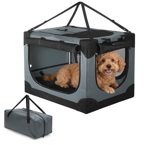 24 inch Small Dog Crate - for Small Dogs, Portable Travel Pet Crate with 4 Mesh Doors, Foldable Car Kennel for Puppy with Handle for Indoor and Outdoor, Gray - color: Gray