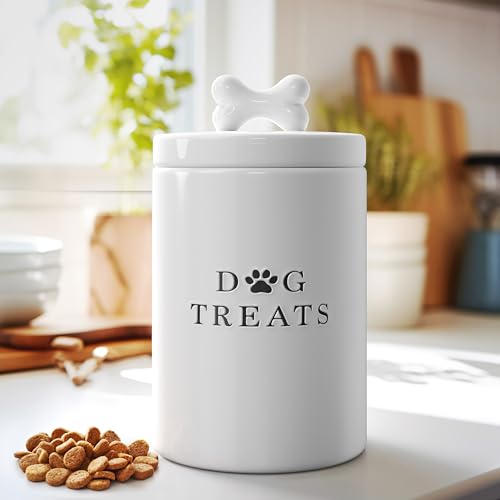 Barnyard Designs Large Dog Treat Container Airtight with Lid, Cute Rustic Ceramic Dog Treat Storage Jar for Kitchen Counter (White) - color: White