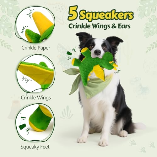 Squeaky Dog Toys - Soft Plush Dragon Dog Toy with 5 Squeakers & Crinkle Paper, Dog Toys for Small, Medium and Large Dogs to Keep Them Busy (Green,10") - color: Green