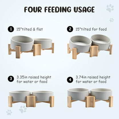 SPUNKYJUNKY 15° Slanted Ceramic Dog and Cat Bowl with Wooden Stand, Tilted Bulldog Food and Water Bowl No Slip Non-Spill for Cats Medium Dogs Big Face Pets 13.5 OZ (1.7 Cups, Grey × 2) - color: Grey, size: 1.7 CUPS × 2