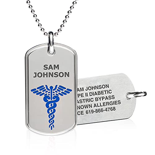 Divoti Custom Laser Engraved Medical Alert Necklace for Men | 28" Ball Chain with Lobster | Personalized Dog Tag ID with Black caduceus | Stainless Steel, Durable Waterproof Design - color: Deep Blue, style: 24" Ball Chain