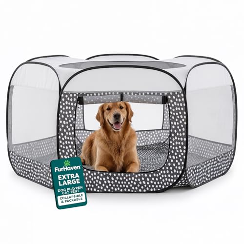 FurHaven Soft-Sided Dog & Cat Playpen, Portable Foldable Indoor & Outdoor Pet Playpen with Mesh Windows & Zippered Door, Gray Pebbles, Extra Large - color: Gray Pebbles, size: Extra Large