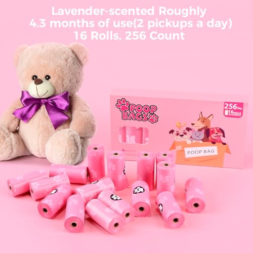 Poop Bags Rolls 256 Count - 9x13 Inches Pink Thickened Leakproof Lavender scent Poo Bags for Dogs, Eco-Friendly Pet Waste Bags for Walking, Home, Travel