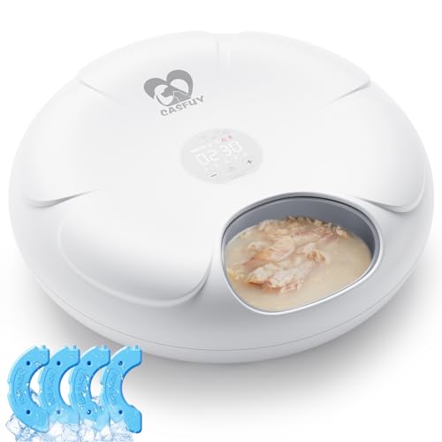 Casfuy Automatic Cat Feeder Cordless - Automatic Cat Food Dispenser for Wet Moist Food with 4 Ice Packs Rechargeable Auto Feeder for Cats Small Dogs with Programmable Timer Low Battery Indicator - color: White