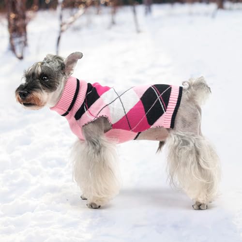 KOOLTAIL Valentine Dog Sweater Pet Knitted Clothes - Classic Pink Plaid Pull Over Turtleneck Dog Sweaters with Leash Hole Warm Dogs Winter Clothing for Small Medium Dogs Cats Puppy, SM - color: Pink2, size: Small/Medium