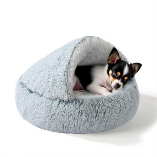 YUDANSI Calming Small Dog Bed & Indoor Cat Bed - Plush Fluffy Hooded Cave Nest, Anti-Slip Self-Warming, Washable Built-in No-Collapsing Support (Grey-65cm/26in) - color: Non-removable-65cm