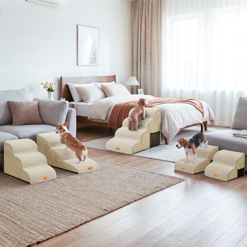 Topmart High Density Extended Foam Dog Ramp&Steps 3 Tiers,15.7" High | Non-Slip Dog Stairs with Removable Cover,Soft Foam Pet Ladder,Best for Injured,Older Cats,Pets with Joint Pain - color: Beige, size: 33.1*15.7*15.7