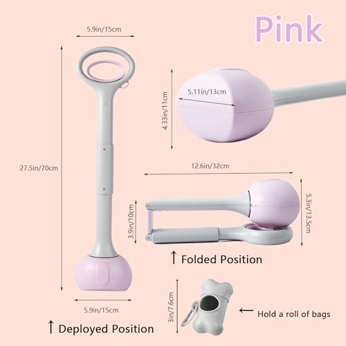 Pooper Scooper with Long Handle 28”, Heavy Duty & Foldable, No Touch Waste Pickup Tool for Large Medium Small Dogs,Portable for Lawn Grass Dirt Gravel, Includes 1 Rolls Waste Bags (Pink-Large) - color: Pink-Large