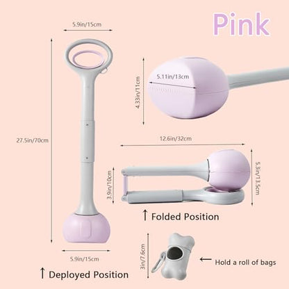 Pooper Scooper with Long Handle 28”, Heavy Duty & Foldable, No Touch Waste Pickup Tool for Large Medium Small Dogs,Portable for Lawn Grass Dirt Gravel, Includes 1 Rolls Waste Bags (Pink-Large) - color: Pink-Large