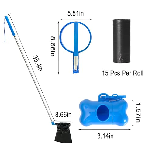 Dog Poop Scooper with Retractable 35.4 In Stainless Steel Handle, One-Click Bag Loading & Disposal, Includes Bone-Shaped Bag Dispenser & Poop Bags, Fits 9 In+ Opening Bags