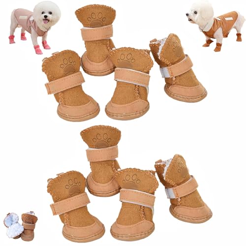 Winter Dog Shoes, Snow Boot Set Fashion Waterproof Non Slip, Dog Booties for Snow and Ice Waterproof, Adjustable Fleece DogShoes, Shoes for Small Medium Dogs - color: Brown X2, size: Small