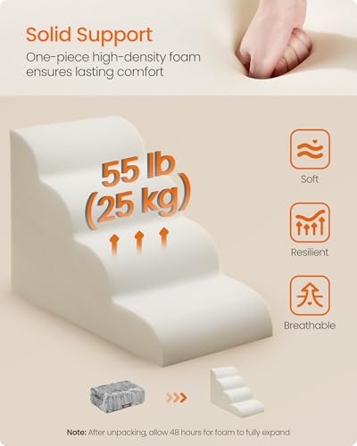 Feandrea 4-Step Dog Stairs, Dog Steps for Bed, Sofa, Waterproof Pet Stairs with Anti-Slip Designs, Gentle Slope, Removable Washable Cover, Handle, Dove Gray UPPS004G01 - size: 4-Step