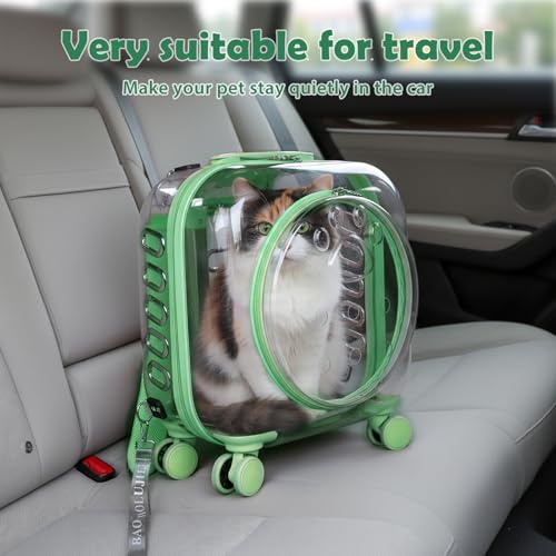 Cat Carrier with Wheels & Detachable Strap – Rolling Pet Trolley with Telescopic Handle, Transparent Hard Shell, Silent Wheels, Ventilated Design for Travel, Walking, Vet Visits for Small - color: Green