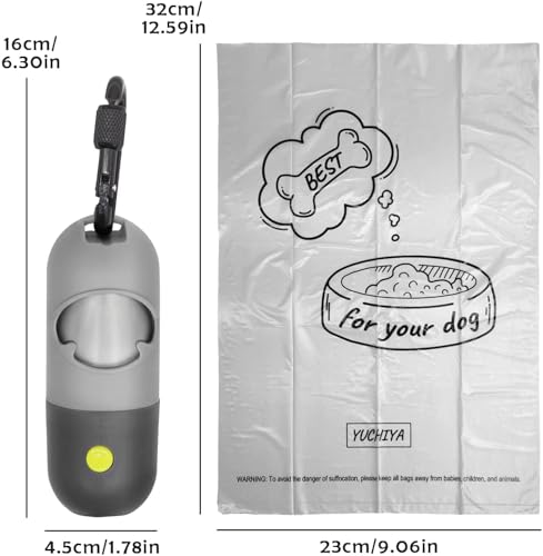 Dog Poop Bag Holder with LED Flashlight for Night Walks,Silicone Tether &Dachshund Pattern Clip for Used Bags, Hands-Free Metal Leash Carabiner, 15 Scented Waste Bags (Gray) - color: Gray