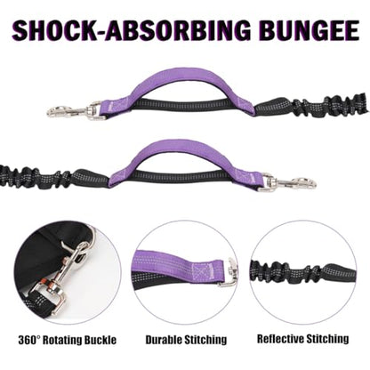 Hands Free Dog Leash for 2 Dogs, Adjustable Waist Belt, Reflective Stitching Leash with Double Padded Handles for Running, Hiking - color: Purple - 2 leash