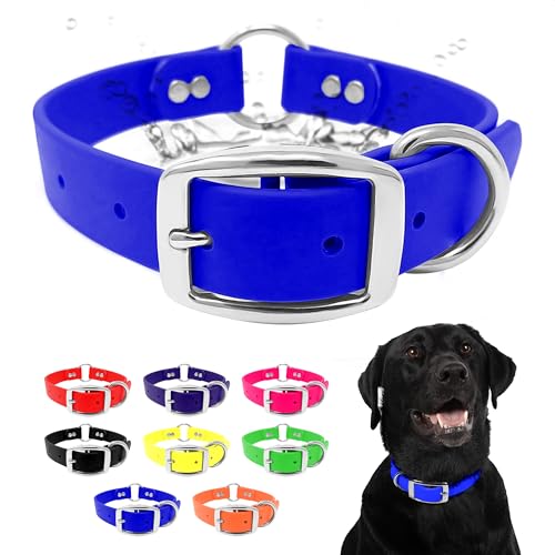 Regal Dog Products Large Blue Dog Collar with Heavy Duty Double Buckle & D Ring | Vinyl Coated, Custom Fit, Adjustable Biothane Dog Collar | Chew Resistant Waterproof Center-Ring Collar for Dogs - color: Blue, size: Large