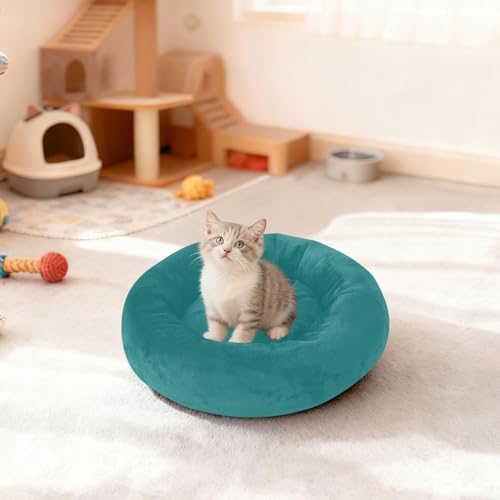 Plain Dark Teal Green Solid Color Calming Dog Bed for Cats & Small Medium Dogs, Washable Plush Round Donut Pet Bed with Soft Raised Rim, 13 inches Warm Anti-Slip Cushio - size: 13 inch