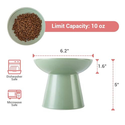CEEFU Extra Wide Elevated Ceramic Cat Bowl, 6.2" Shallow Dish for Whisker Fatigue Relief, 5" Height for Easy Feeding, Durable Raised 2 Cat Food Bowls, Sage Green - color: Sage Green-2 Food Bowl