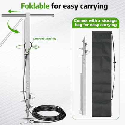 Dog Tie Out Stake for Large Dogs Supports Up to 220 lbs, Heavy-Duty 304 Stainless Steel Dog Anchor with 32FT Tangle-Free Cable for Yard, Camping, Outdoor | No Pull-Out, No Tools Needed