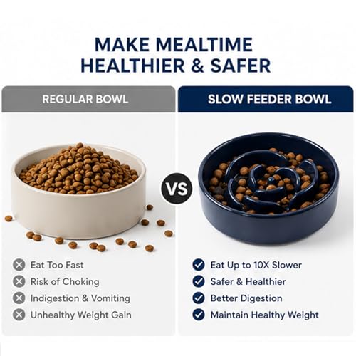 Slow Feeder Dog Bowls, Ceramic Slow Feeding Bowl for Small and Medium Breed, Anti Choking Puzzle Dog Food Bowl with Non-Slip Base for Fast Eater (Blue, S-0.6CUP) - color: Blue