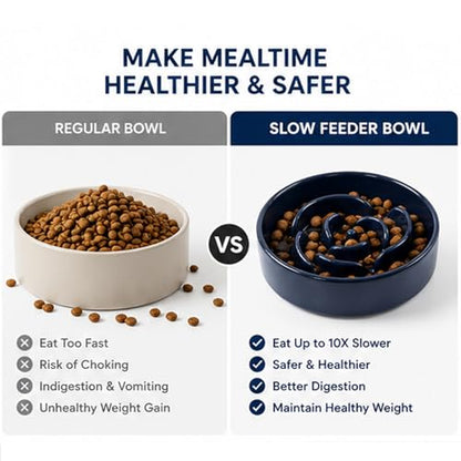 Slow Feeder Dog Bowls, Ceramic Slow Feeding Bowl for Small and Medium Breed, Anti Choking Puzzle Dog Food Bowl with Non-Slip Base for Fast Eater (Blue, S-0.6CUP) - color: Blue