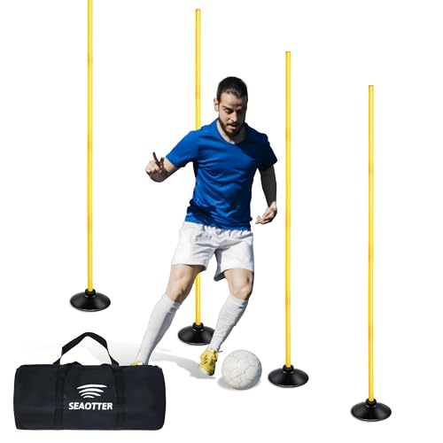 SEAOTTER Soccer Agility Poles Set, 4/6/10 Pcs 6ft Detachable Sports Trainning Speed Poles Slalom Poles with Rubber Base, Agility Training Equipment for Football, Rugby, Basketball, Indoor & Outdoor - color: Yellow, style: 4 Pack - 6ft