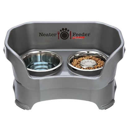 Neater Feeder Deluxe Mess Proof Dog Bowls Elevated for Medium Sized Breeds – Made in USA – No Spill Raised Slow Feeder Elevated Dog Bowl Stand, Stainless Steel Food and Water Bowl Set, Grey - color: Gunmetal Grey, size: Medium with Slow Feed Bowl
