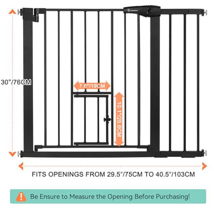 COMOMY Auto Close Pet Gate with Cat Door, 29.5"-40.5" Dog Gate for House Doorways Stairs, Pressure Mounted Easy Walk Thru Safety Gate, Includes 4 Wall Cups and 2 Extension Pieces, Black - color: Black