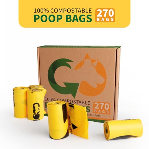 Certified 100% Home Compostable Poop Bags for Dogs, 270 Count Guaranteed Leak Proof and 18 Microns Extra Thick Waste Bag, 18 Rolls of Plant Based Doggie Poop Bag, No Scented with ASTM D6400 & EN13432 - color: Yellow, size: 270 Count (Pack of 1)