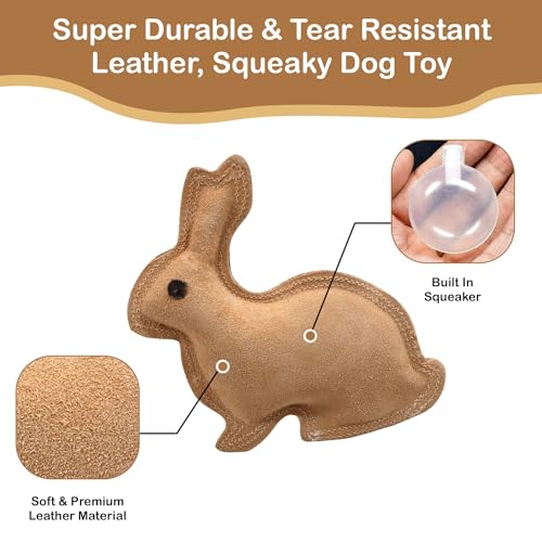 SPOT Dura-Fused Leather Rabbit Dog Toy – Durable Real Leather & Jute Chew Toy with Squeaker, Double-Stitched for Moderate Chewers, Small & Medium Dogs, 7.5in
