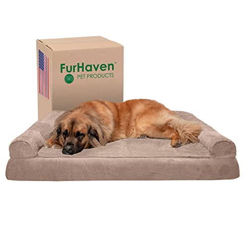 Furhaven Orthopedic Dog Bed for Large Dogs w/ Removable Bolsters & Washable Cover, For Dogs Up to 125 lbs - Plush & Suede Sofa - Almondine, Jumbo Plus/XXL - color: Almondine, size: Jumbo Plus