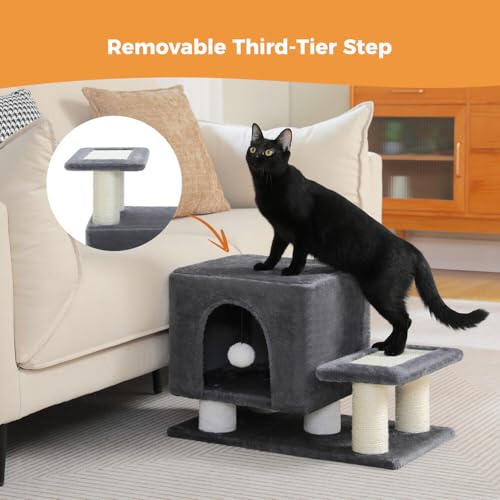 3-in-1 Dog Stairs & Cat Scratching Post with Condo, Pet Steps for High Bed, Sofa, Couch, Tall Cat Tower, High-Strength Board for Indoor Small Cats Kittens Dogs Climbing Playing, 3 Steps-Dark Grey - color: Dark Grey