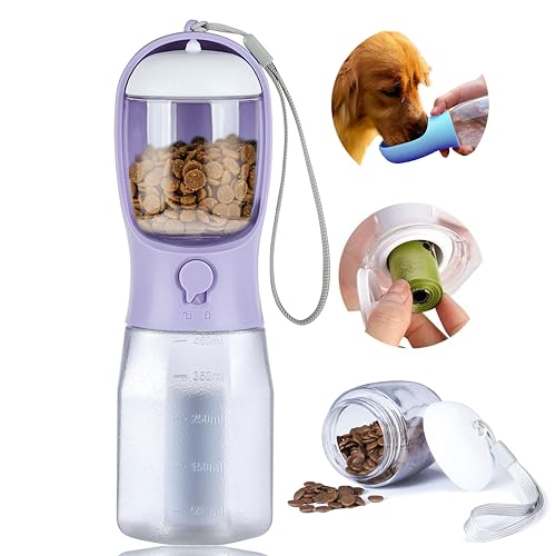 Dog Water Bottle with Food Container, Portable Pet Dog Water Dispenser for Outdoor Walking,Hiking,Travel,Puppy Essentials,Puppy Supplies,Replaceable Waste Bags - color: lavender purple, size: 15oz