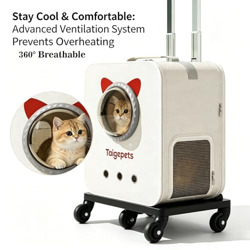 Rolling Cat Carrier Backpack with Wheels, Large Breathable Pet Travel Bag, Lightweight Space Capsule Pet Luggage Carrier for Cats Small Dogs Up to 22lbs