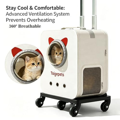 Rolling Cat Carrier Backpack with Wheels, Large Breathable Pet Travel Bag, Lightweight Space Capsule Pet Luggage Carrier for Cats Small Dogs Up to 22lbs