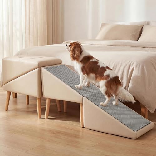 Dog Ramp for Bed, Wooden 23.62'' H Dog Stairs for Small/Medium-Sized Dogs and All Cats, Washable Non-Slip Silicone Surface pet Ramp, Foldable 2-in-1 Split Ottoman Design - color: Off-White