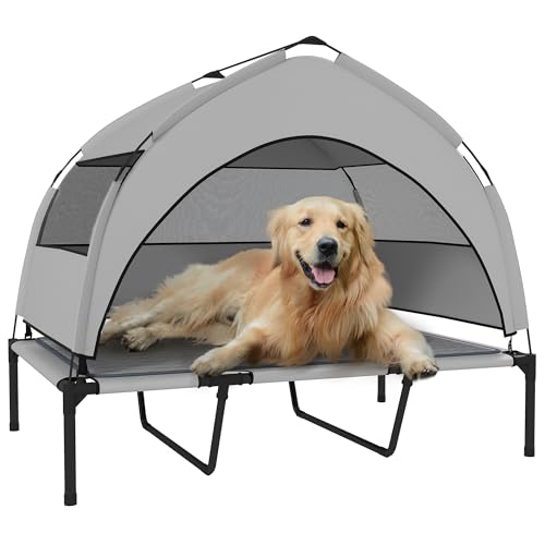 PawHut Elevated Dog Bed with Cooling Pad, Raised Outdoor Pet Bed with Removable Canopy, Breathable Mesh, Storage Bag, Portable Pet Cot for Indoor Outdoor Large Dogs, 42" x 30" x 37", Light Gray - size: 3.5' L x 2.5' W x 3.1' H