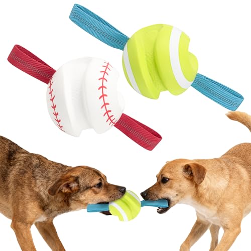 LECHONG Dog Balls with Straps for Tugging 2 Pcs, Interactive Dog Toys, Puppy Toys to Keep Them Busy, High Bouncy Balls for Dogs, Tennis Ball Base Ball Toys - color: white & green