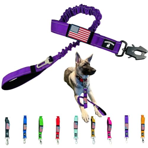 Heavy Duty Bungee Dog Leash - Shock Absorbing, Seat Belt Clip, Quick Release Frog Clasp, Double Padded Handles, for Large and Medium Dogs, Durable for Training, Walking, Car Safety, Outdoor Adventure - color: PURPLE BUNGEE FROG