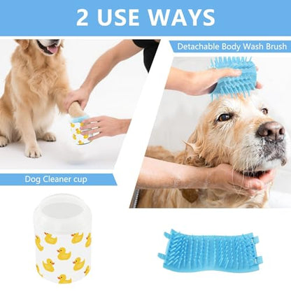 Duck White Print Dog Paw Cleaner Cup with Soft Silicone Brush, Small Lightweight Portable Muddy Paw Washer for Dogs, Easy to Use Pet Foot Cleaner