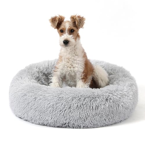 NOYAL Calming Donut Dog Bed for Small to Medium Dogs & Cats - Plush Faux Fur Anti-Anxiety Pet Bed with Machine Washable Cover & Non-Slip Base - color: Light gray, size: Small 19.6''