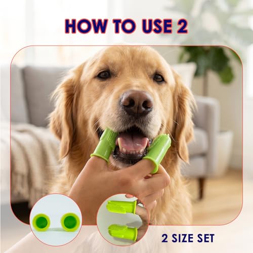 Dog Finger Toothbrush 2 Pack, Small & Large Sizes for Better Finger Fit, Soft Food Grade Silicone Dog & Cat Toothbrush, 180° Bristles for Plaque & Tartar Removal, Pet Teeth Cleaning & Bad Breath Care