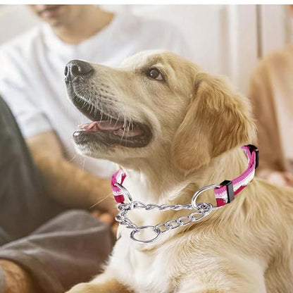 Martingale Dog Collars with Stainless Steel Chain, Reflective No Pull Walking Training Collar with Quick Release Buckle, Adjustable Slip Chain Nylon Dog Collars for Small Medium Large Dogs - color: Pink and white, size: Medium