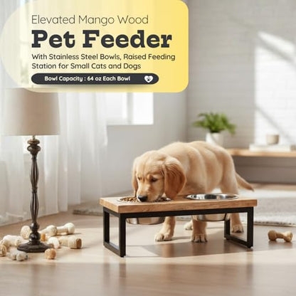 Elevated Dog Bowls, Medium 5.2 Height Mango Wood Raised Dog Bowl Iron Stand Frame with 64oz 2 Pcs Stainless Steel Pets Dishes, Food & Water 8Cup, 1.9L Capacity Nonslip Cat Feeding Station - size: 5.2 Inches / 64oz 2 Bowl