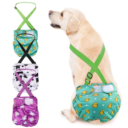 3 Pack Avont Washable Female Dog Diaper with Suspender, Reusable Girl Doggie Diapers for Small Medium Large Doggy in Heat Cycle Period Incontinence - color: Green/White/Purple…, size: S