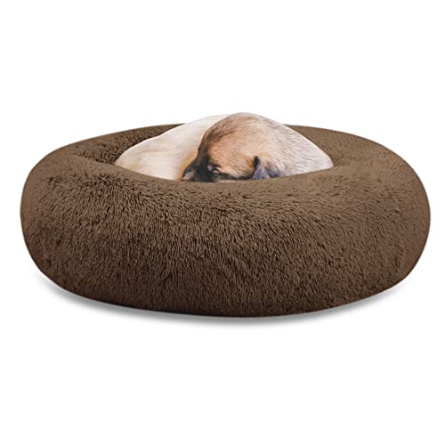 SAVFOX 20 inches Calming Donut Dog Bed - 3X Durable Plush Faux Fur, Machine Washable & Non-Slip, Fits up to 15 lbs, Brown - color: Brown, size: X-Small | 20"x20"